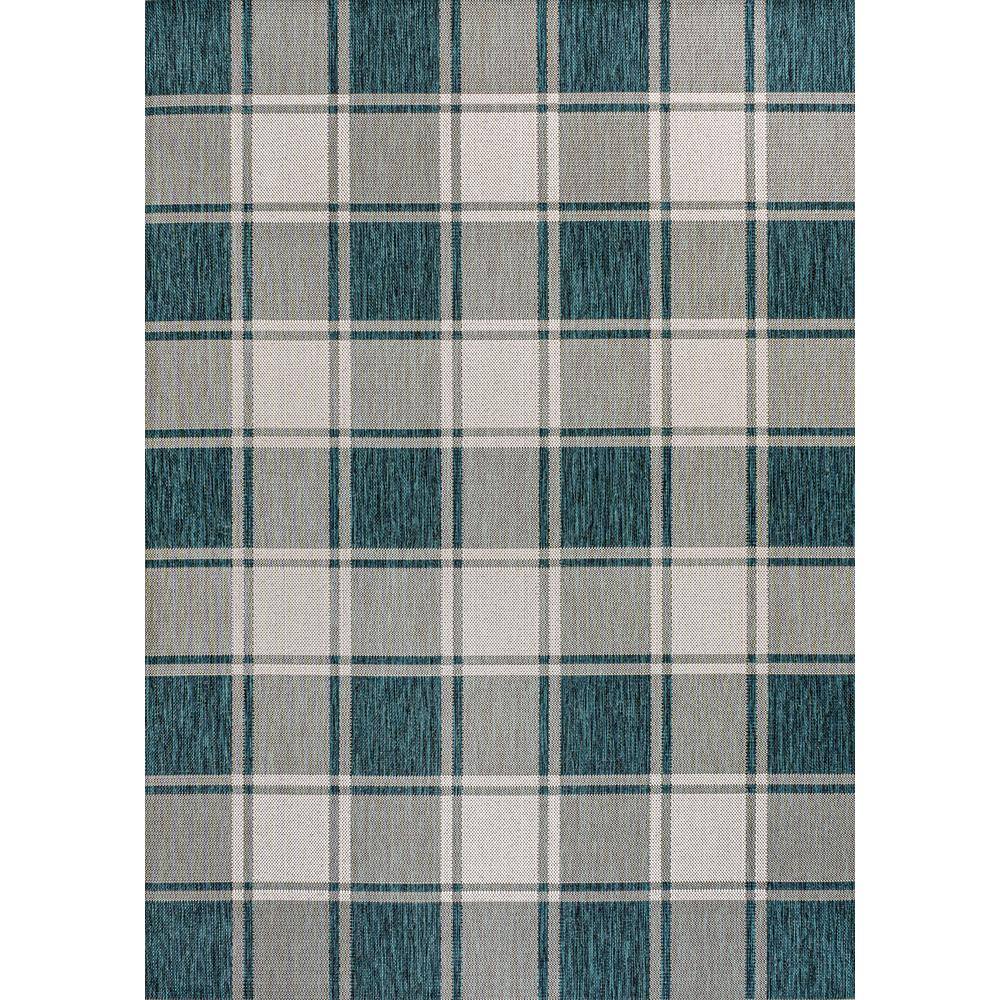 Turquoise and Cream Gingham 4x6 Outdoor Area Rug