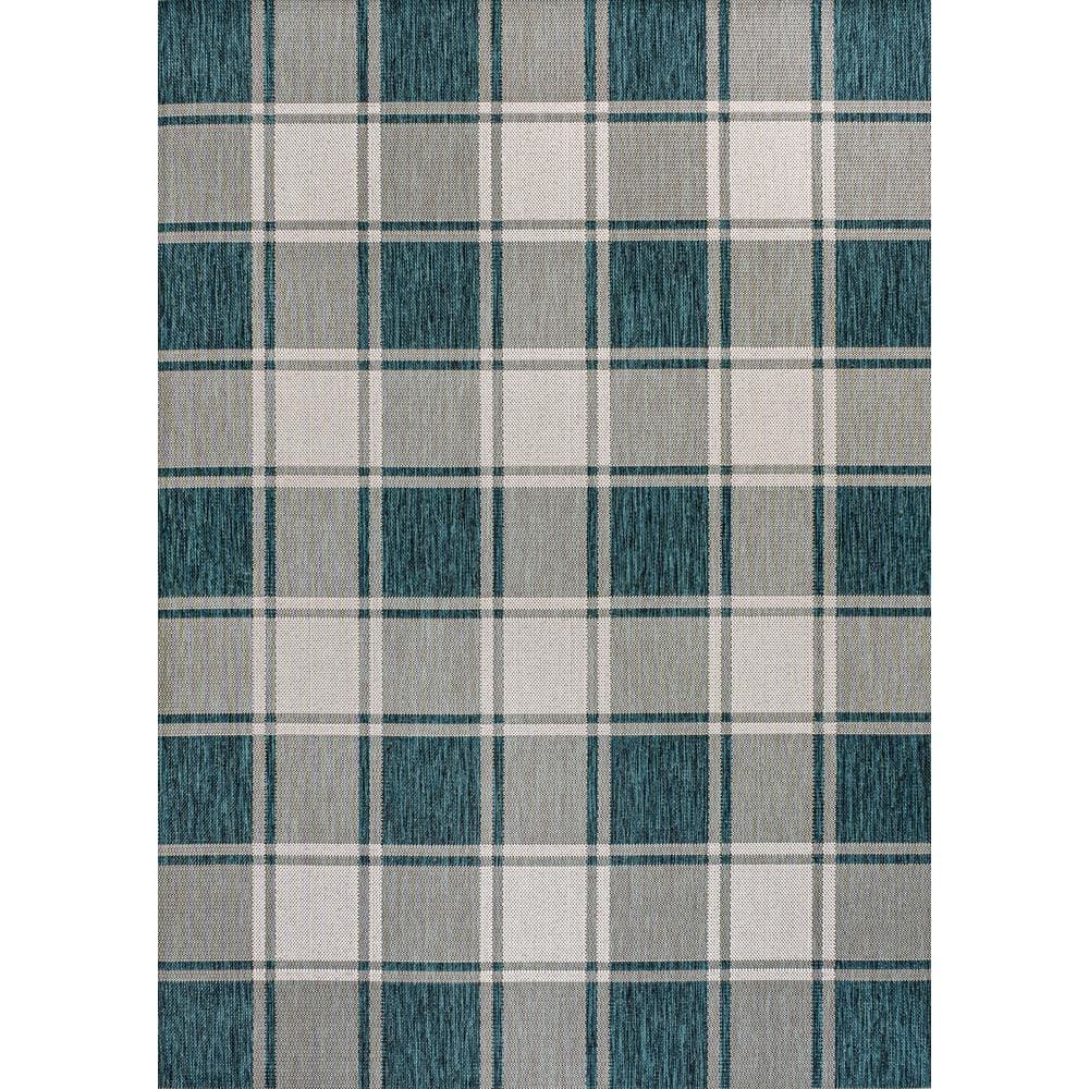 Turquoise and Cream Gingham 8' x 10' Synthetic Indoor/Outdoor Rug