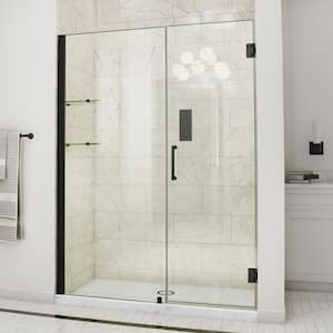 Unidoor 60 to 61 in. x 72 in. Frameless Hinged Shower Door in Matte Black