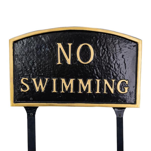 Montague Metal Products 10 in. x 15 Standard Arch No Swimming Statement Plaque Sign with Lawn Stakes - Black/Gold