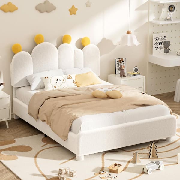 White Kids Cactus Upholstered Platform Bed with Headboard, Full Size Boucle Bed, Soft Rounded Corners, Solid Wood Slats