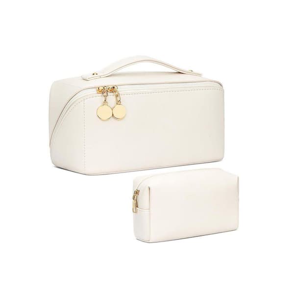 Beige Personalized Initial Makeup Organizer Bag Set, Open Flat Travel Cosmetic Bag With Clear Divider and Handle