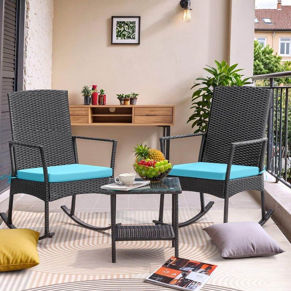 3-Pieces Brown High Back Plastic Outdoor Rocking Chair with Blue Cushion price history on PriceWatchPro