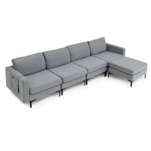 123 in. Width Modular Lint Fabric L-Shaped Sectional Sofa with Reversible Chaise and 2-USB Ports Dark Gray