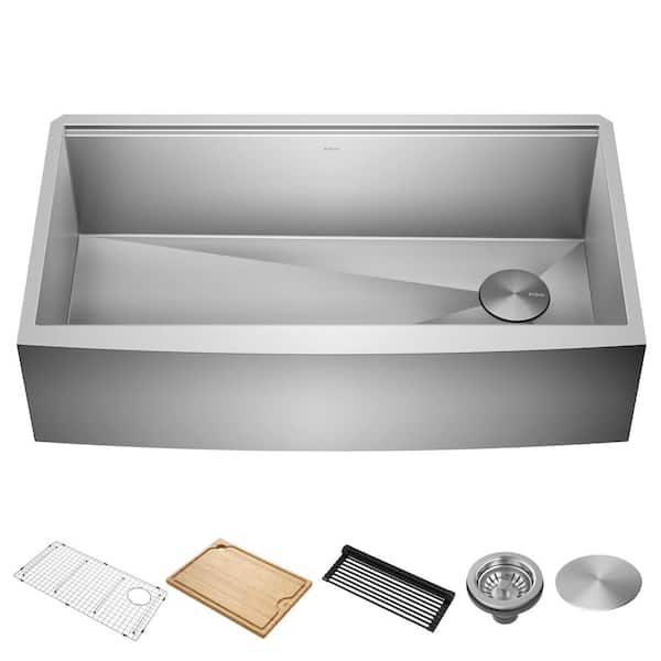 KRAUS Kore 16-Gauge Stainless Steel 36 in. Single Bowl Farmhouse Apron Workstation Kitchen Sink with Accessories