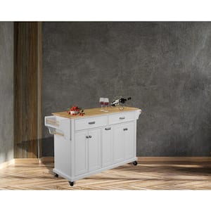 White Cambridge Natural Wood Top 60.5 in. W Kitchen Island with Storage (18 in. D x 60.5 in. W x 36 in. H)