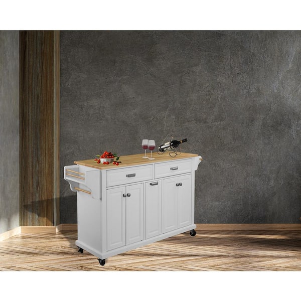 Unbranded White Cambridge Natural Wood Top 60.5 in. W Kitchen Island with Storage (18 in. D x 60.5 in. W x 36 in. H)