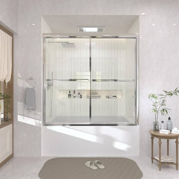 59 in. W x 56 in. H Sliding Framed Tub/Shower Door in Chrome with Clear Glass and Handles