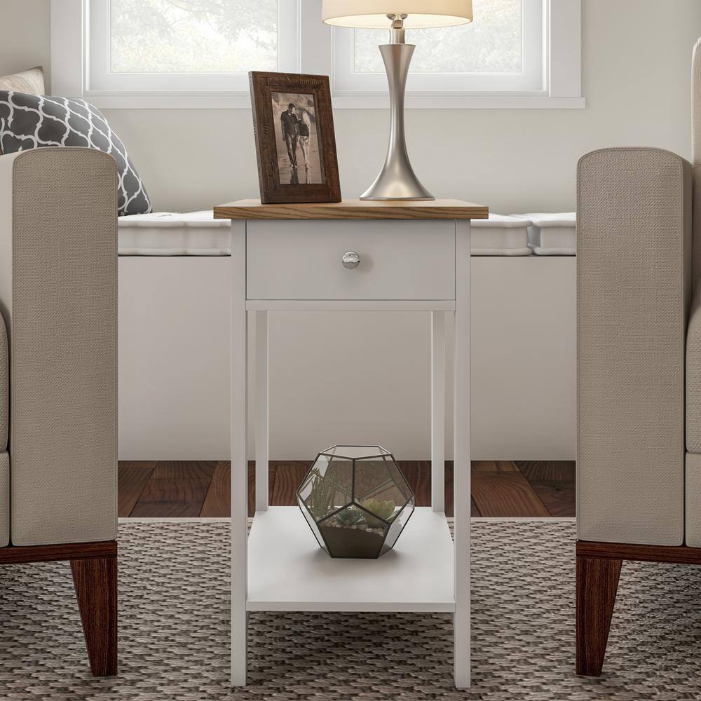 White and Honey Oak Slim End Tables with Drawer, Set of 2