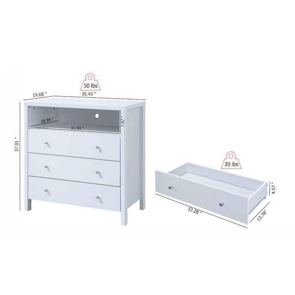 HODEDAH 3-Drawer White Dresser with 1-Open Shelf 37 in. H x 19.5