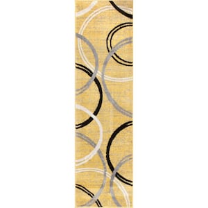Contemporary Abstract Circles Design 2 ft. x7 ft. 2 in. Yellow Runner Rug