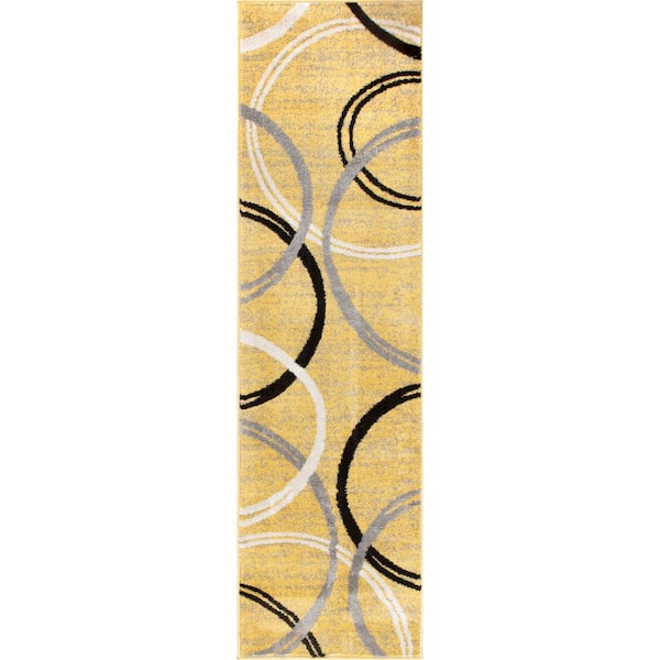 WRG Contemporary Abstract Circles Design 2 ft. x7 ft. 2 in. Yellow Runner Rug
