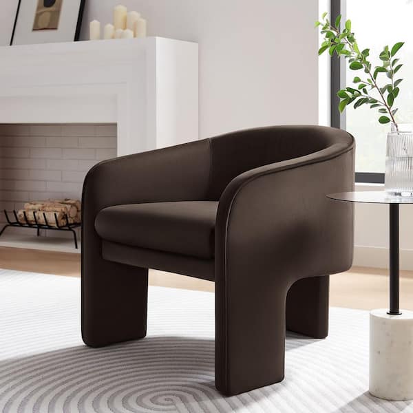 MODWAY Greer Comfy Barrel Accent Chair with 3 Legs in Chocolate Brown Performance Velvet
