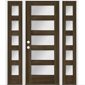 64 in. x 80 in. Modern Douglas Fir 5-Lite Right-Hand/Inswing Frosted Glass Black Stain Wood Prehung Front Door w/ DSL