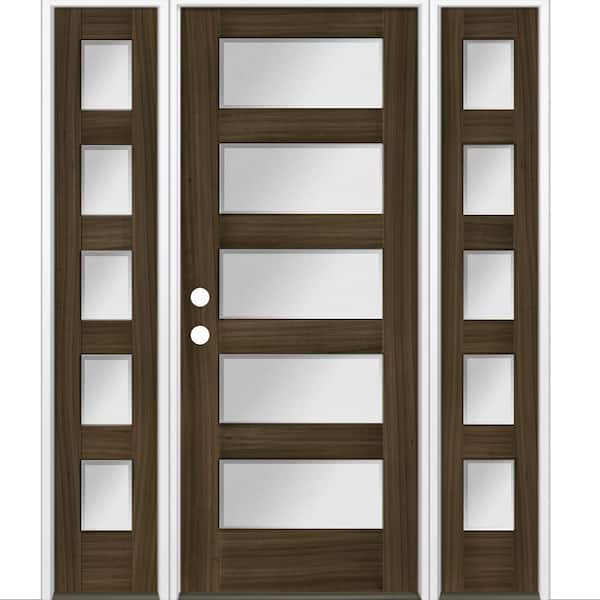 64 in. x 80 in. Modern Hemlock 5-Lite Right-Hand/Inswing Frosted Glass Black Stain Wood Prehung Front Door w/ DSL
