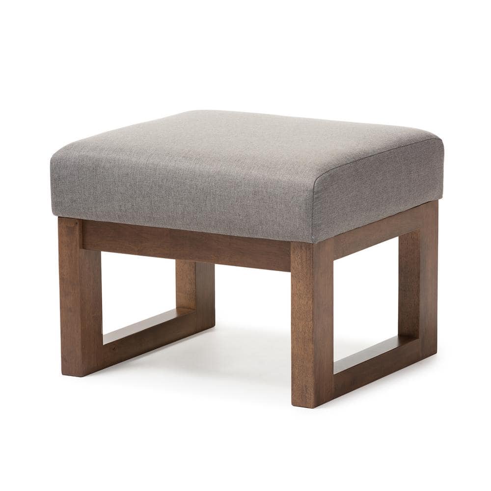 Gray Fabric Upholstered Walnut Wood Ottoman Stool
