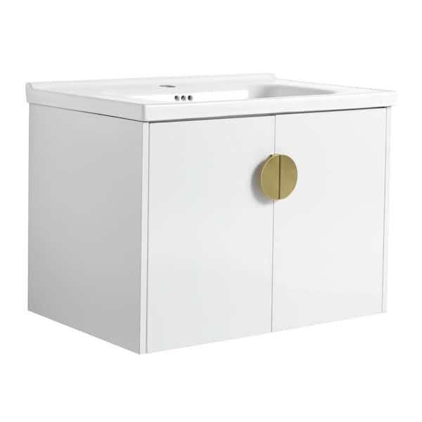 FAMYYT 28 in. W x 18.5 in. D x 20.7 in. H Single Sink Floating Bath Vanity in White with White Ceramic Top and Handle