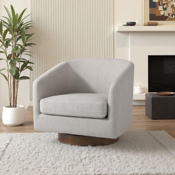 Khaki Linen Upholstered 360° Swivel Arm Chair With Wood Base (Set of 1)