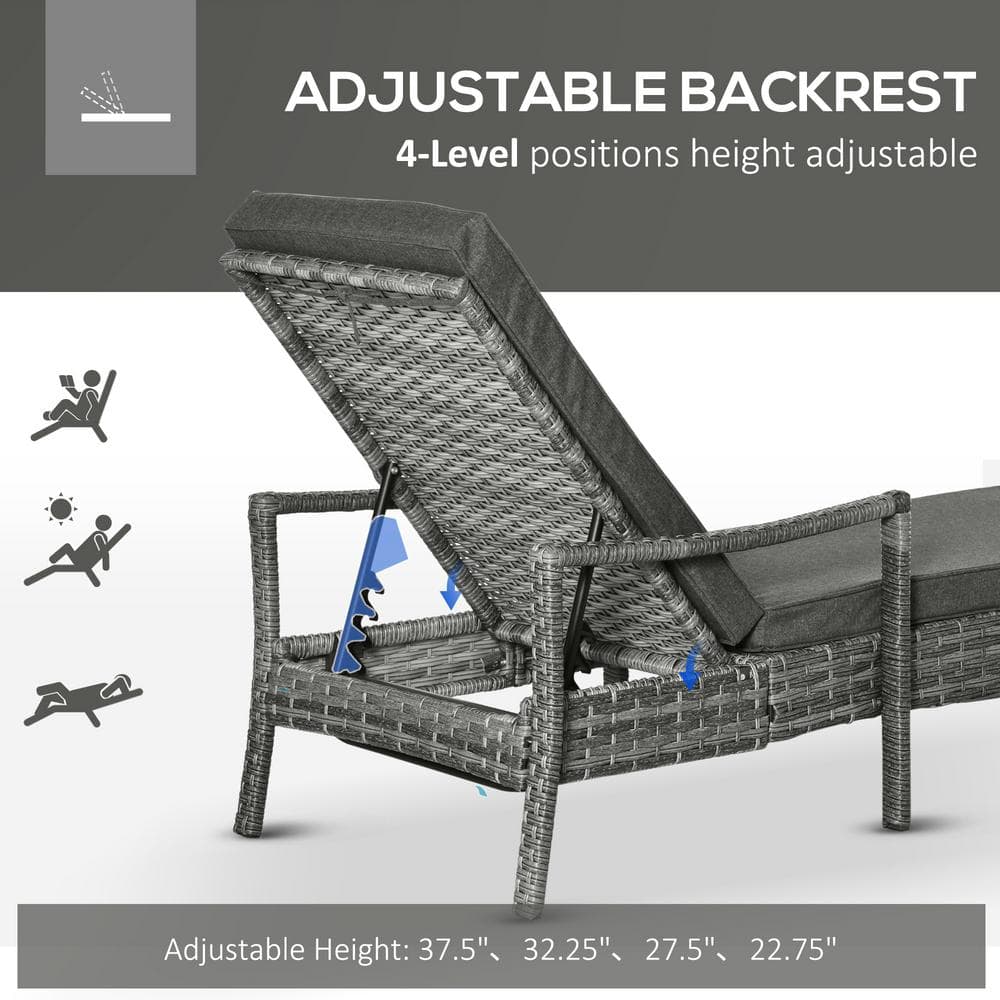 Dark Gray Wicker Chaise Lounge with Cushions and Adjustable Backrest