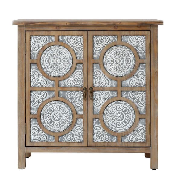 LuxenHome Farmhouse Brown 31.9 in. H Floral Lattice Metal 2-Door Pine ...