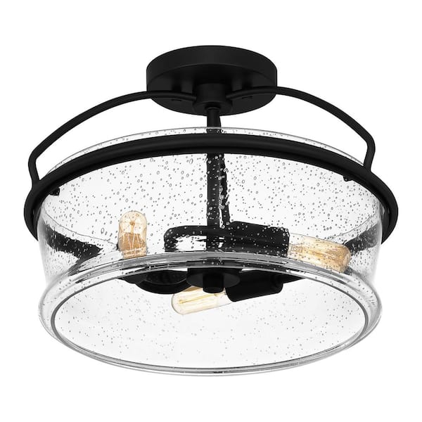 Modern Farmhouse Black Drum 3-Light Candlestick Semi-Flush Mount Ceiling  Light with Faux Wood Accent Clear Glass Shade