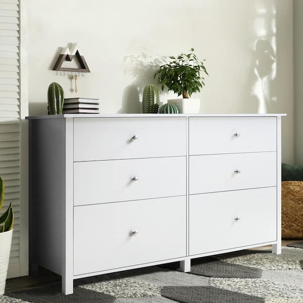 VEIKOUS White 6-Drawer 56 in. W Dresser Chest of Drawers Long Storage ...