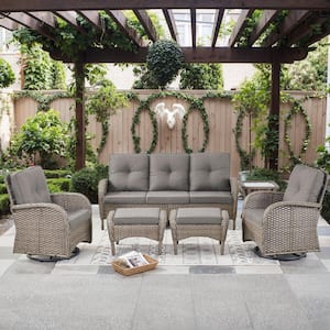 Carlos 6-Piece Gray Wicker Outdoor Conversation Swivel Chair Set Patio Sofa Set with Gray Cushions and Ottomans