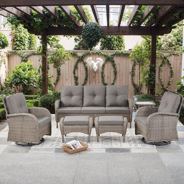 Gymojoy Carlos 6-Piece Gray Wicker Outdoor Conversation Swivel Chair Set Patio Sofa Set with Gray Cushions and Ottomans