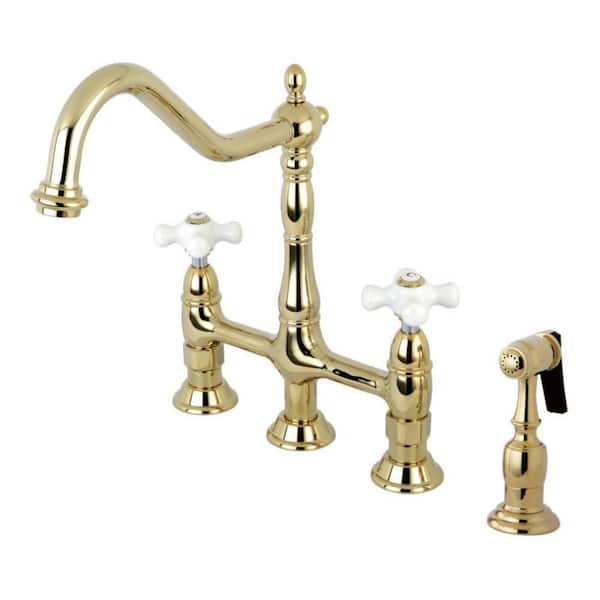 Kingston Brass Heritage 2-Handle Bridge Kitchen Faucet with Side Sprayer in Polished Brass