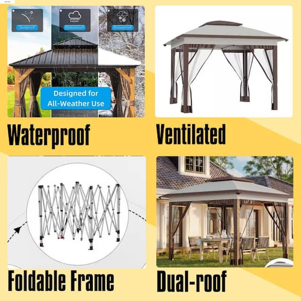 12 ft. x 12 ft. Pop Up Canopy Tent with Netting and Carry Bag, Instant Sun Shelter with 137 sq. ft. Shade, Beige, Brown