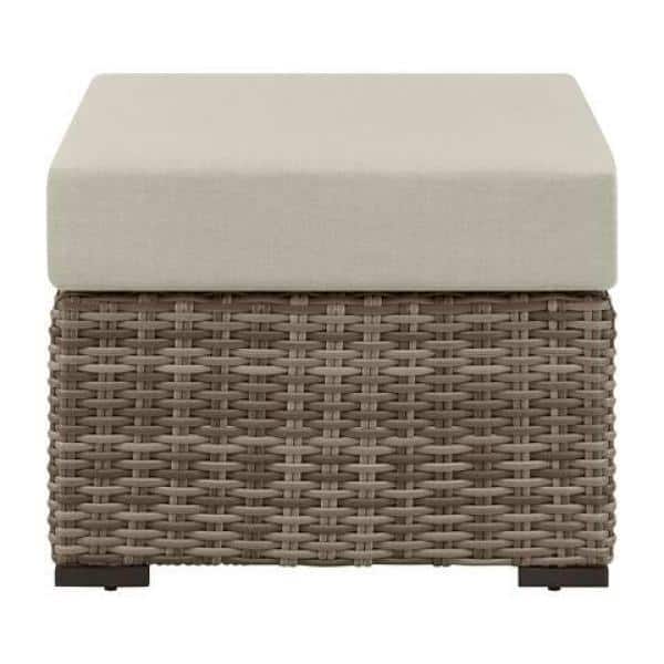 Home Decorators Collection Kingsbrook Commercial Aluminum Wicker Outdoor Ottoman with Tan Cushion