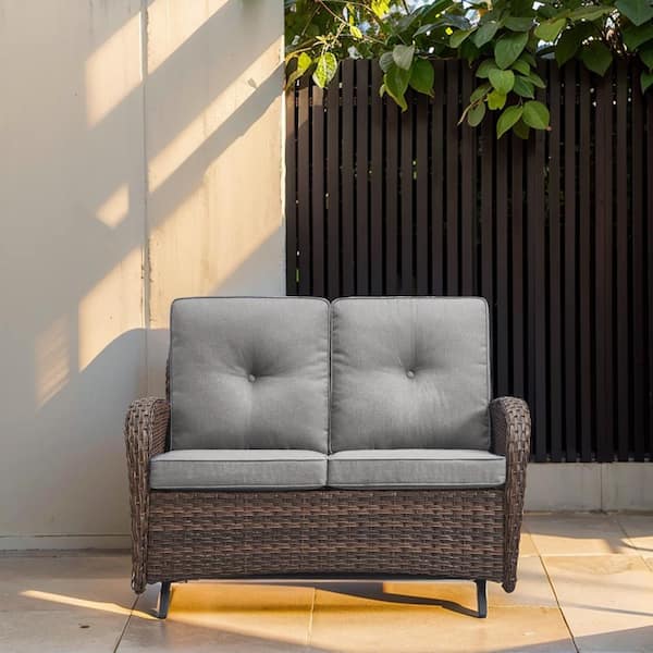 PlainCurve 49.6 in Width 2-Person Metal and Brown Wicker Patio Outdoor Glider Loveseat with Olefin Beige Cushion
