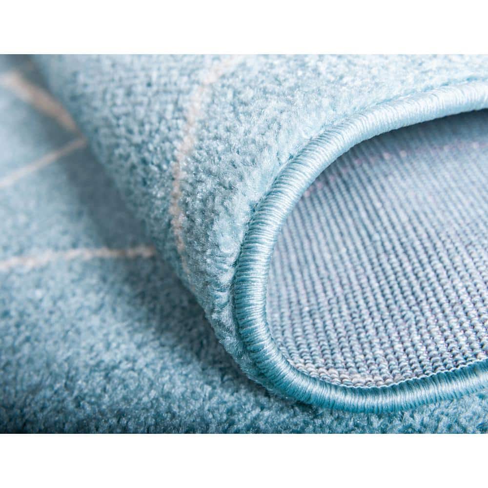 Light Blue Round Synthetic Trellis Easy Care Rug