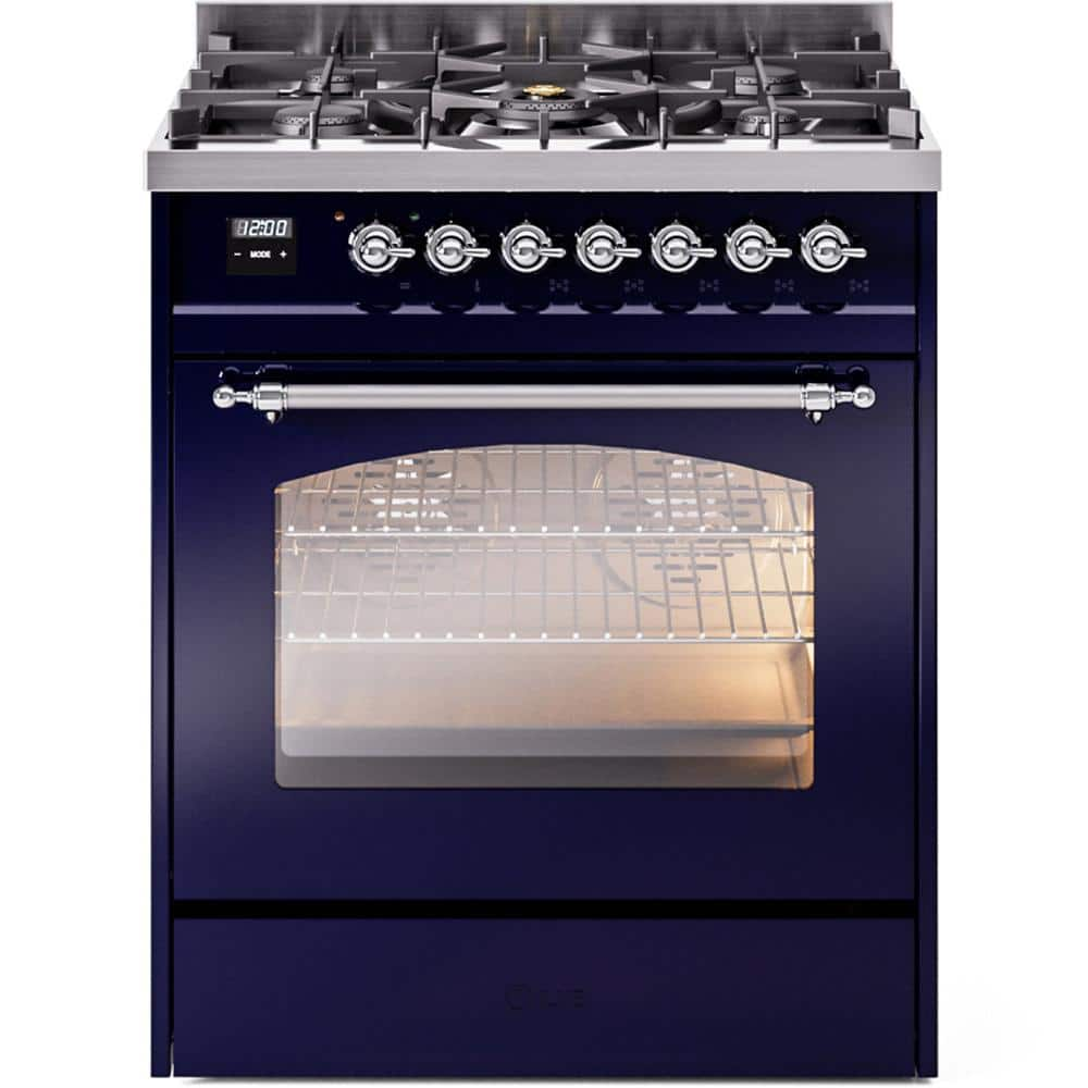 Nostalgie II 30 in. 5-Burner Freestanding Dual Fuel Range in Midnight Blue with Chrome Trim -  ILVE, UP30NMPMBC