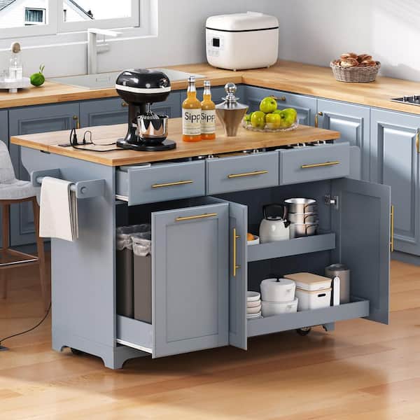 Unbranded Grey Blue Rubber Wood 59.3 in. W Kitchen Island with Trash Can Storage, Power Outlet
