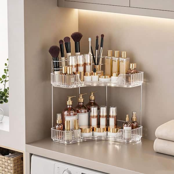 Numhew 2-Tier Clear Corner Bathroom Counter Cosmetic Organizer with Top Brush Holders, Exquisite Vanity Organizer