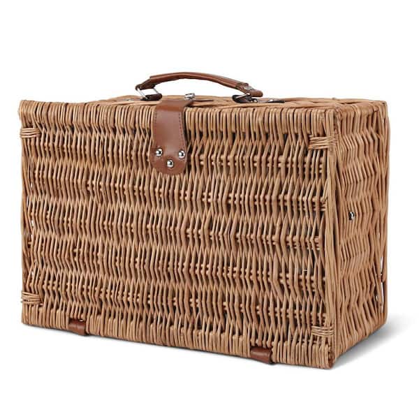 Black and White Stripe Picnic Basket for 2 Person, Willow Hamper Basket Sets with Insulated Compartment, Picnic Camping