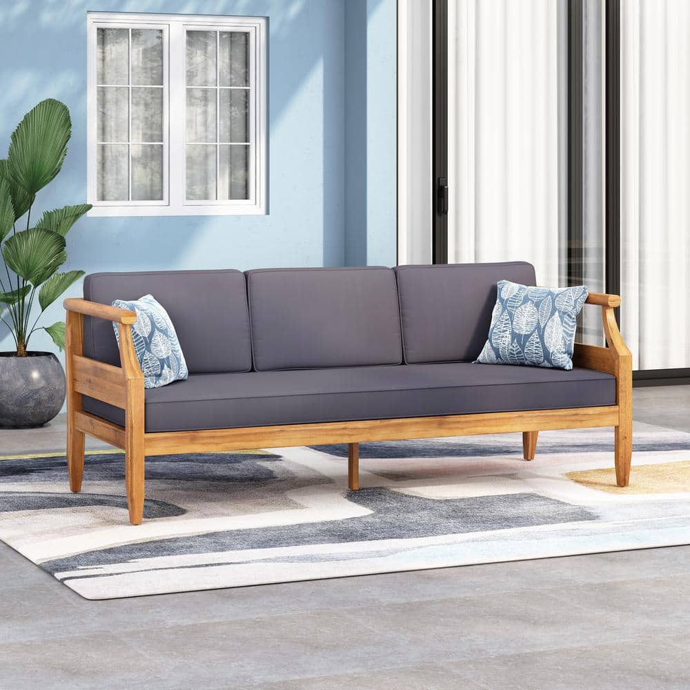 3-Seater Acacia Wood Outdoor Chaise Lounge Solid Style with Gray Cushions, 