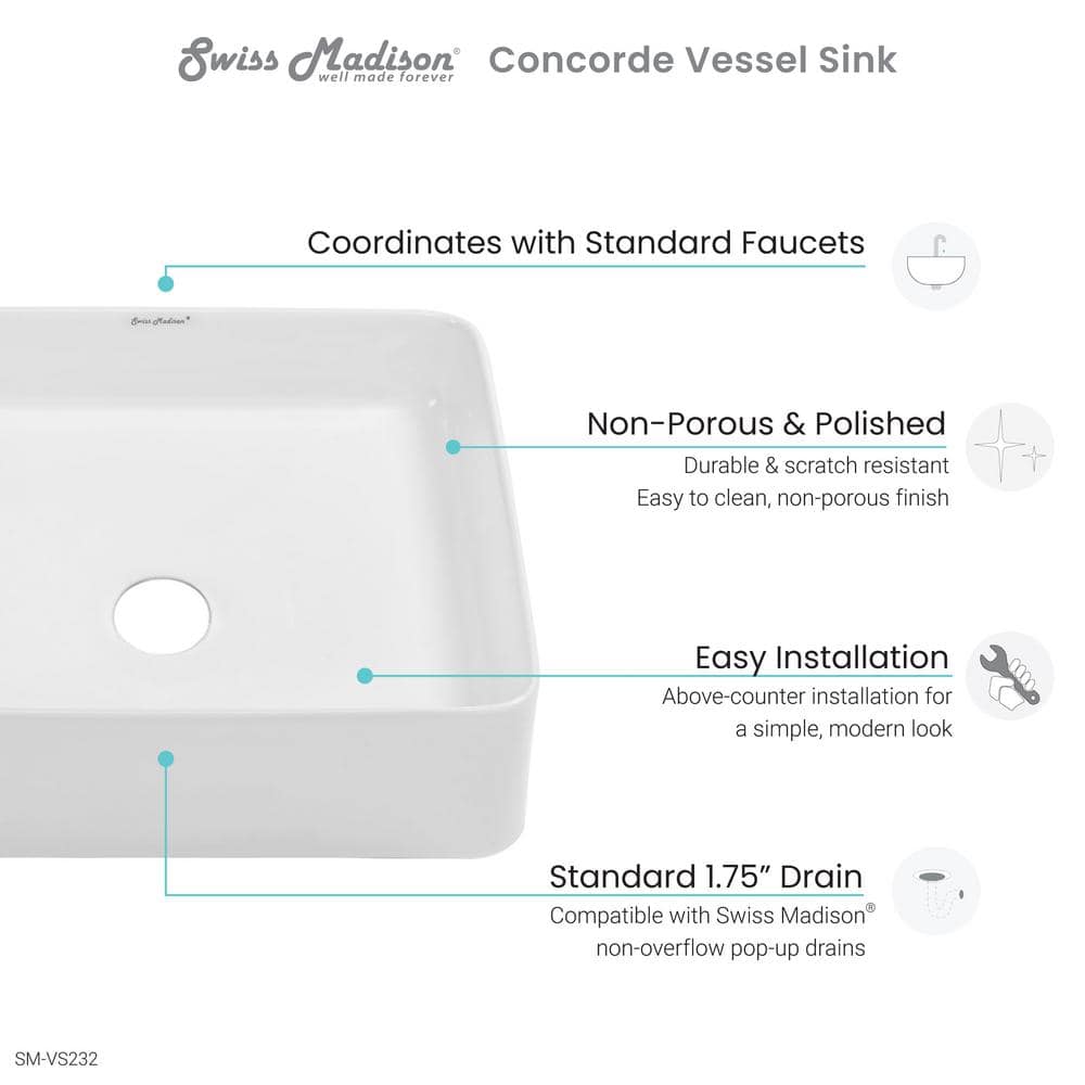 White Ceramic Square Above-Counter Vessel Sink, 15.74"