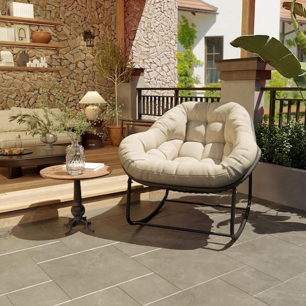 Cesicia Black Metal Outdoor Rocking Chair with Beige Cushion