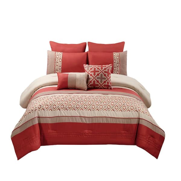 Benjara 8-Piece Orange Geometric Polyester Queen Comforter Set