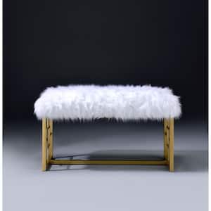Bagley II White Faux Fur and Gold Bench