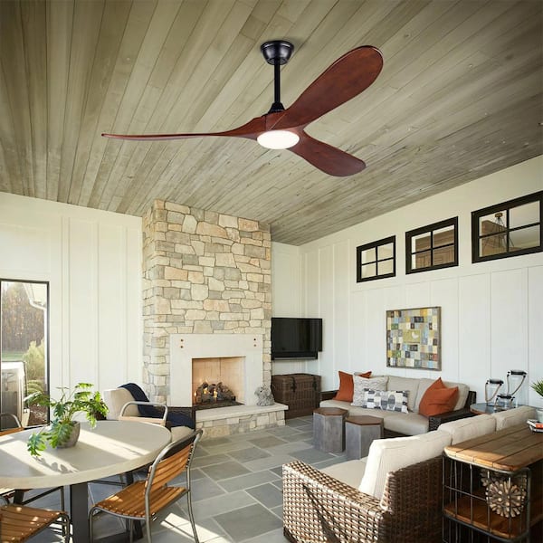 52 in. Black Brown Wood Downrod Mount Standard Ceiling Fan with Integrated LED Lights and Remote Included