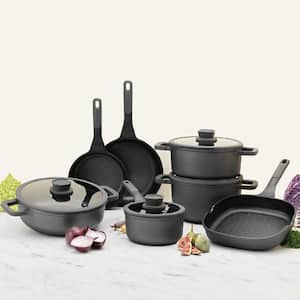Stone 11-Piece Cast Aluminum Nonstick Cookware Set in Black with Glass Lid