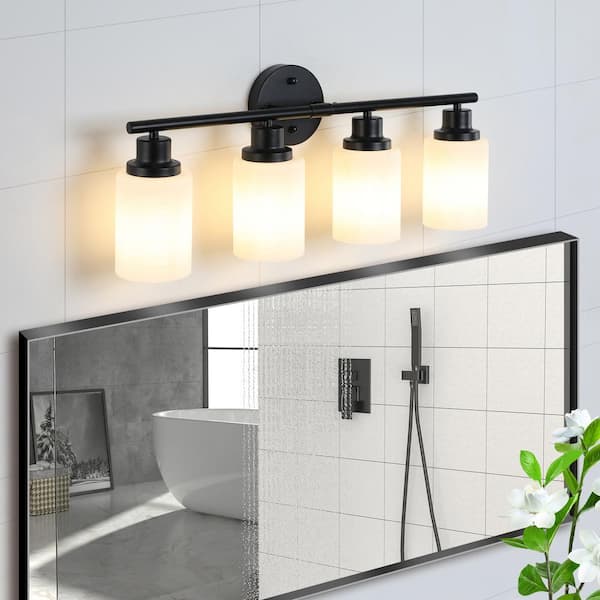 24.2 in.4-Light Vanity Bathroom Mirror Light, Frosted White Glass with Black Iron Frame, Contemporary Wall Sconce