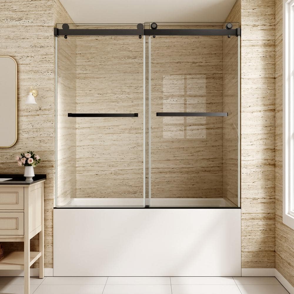 "60"" W x 60"" H Matte Black Double Sliding Bathtub Door, Frameless Structure, 5/16"" (8mm) Tempered Glass Panel" price history on PriceWatchPro