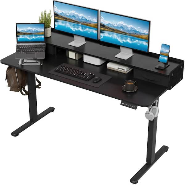 55 in. Rectangular Black Electric Standing Desk with Cell Phone Stand and 2 Drawers
