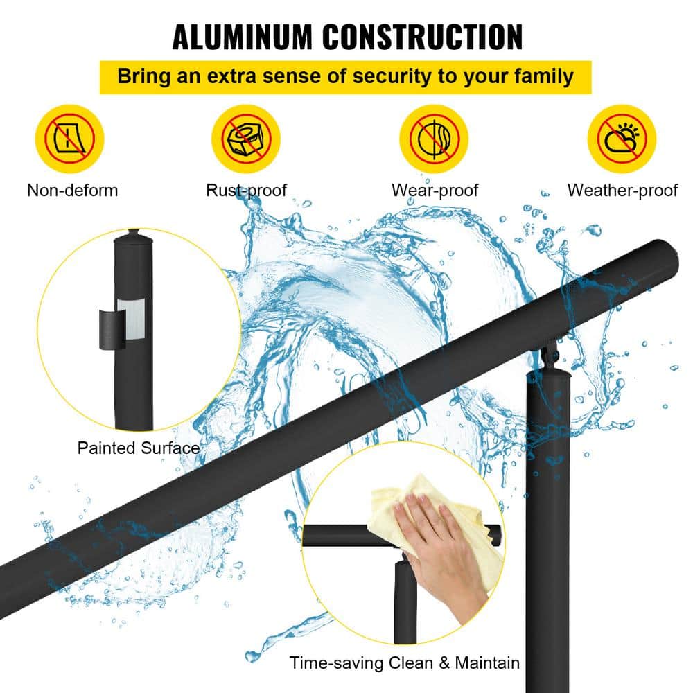 Adjustable Black Aluminum Outdoor Stair Handrail Kit, 5 ft for 0-5 Steps