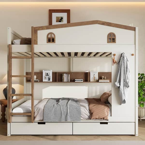 Beige/Natural MDF,Pine,Plywood Queen Over Queen Bunk Bed with Storage Drawers and Shelves,Hooks