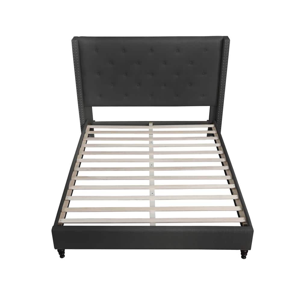 King Black Linen Upholstered Wingback Bed with Tufted Headboard